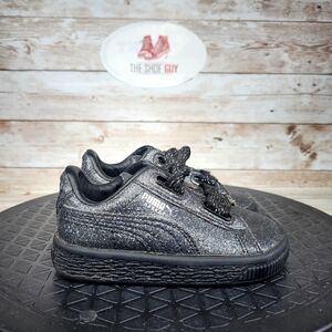 Puma Basket Kids Size 5C Heart Black Sliver Holiday Glamour Shoes